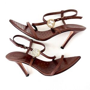 GUCCI | GG Logo Brown Leather Strappy Heels Sandals Size 7.5